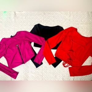 Bundle of 3 crop long-sleeve shirts; cute detail; juniors; red, pink, black crop